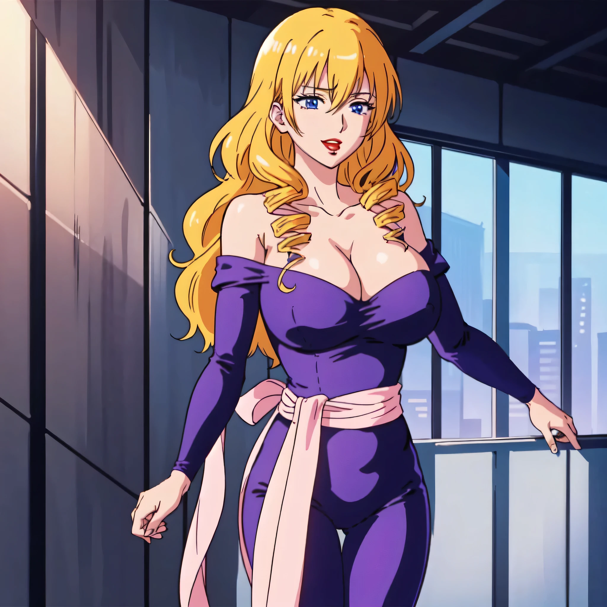 masterpiece、Highest quality、Anime Women、solo、Watching the audience、laugh at、Long Hair、bionde、eyelash、lipstick、Blue eyes、Drill Hair、Hair on one eye、Big Breasts、cleavage、A woman with very large breasts、collarbone、Purple bodysuit、Off the shoulder、Long sleeve、Pink sash、