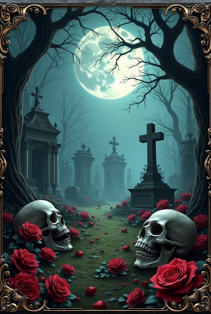 The background for a spooky invitation should be a cemetery with skulls and roses.