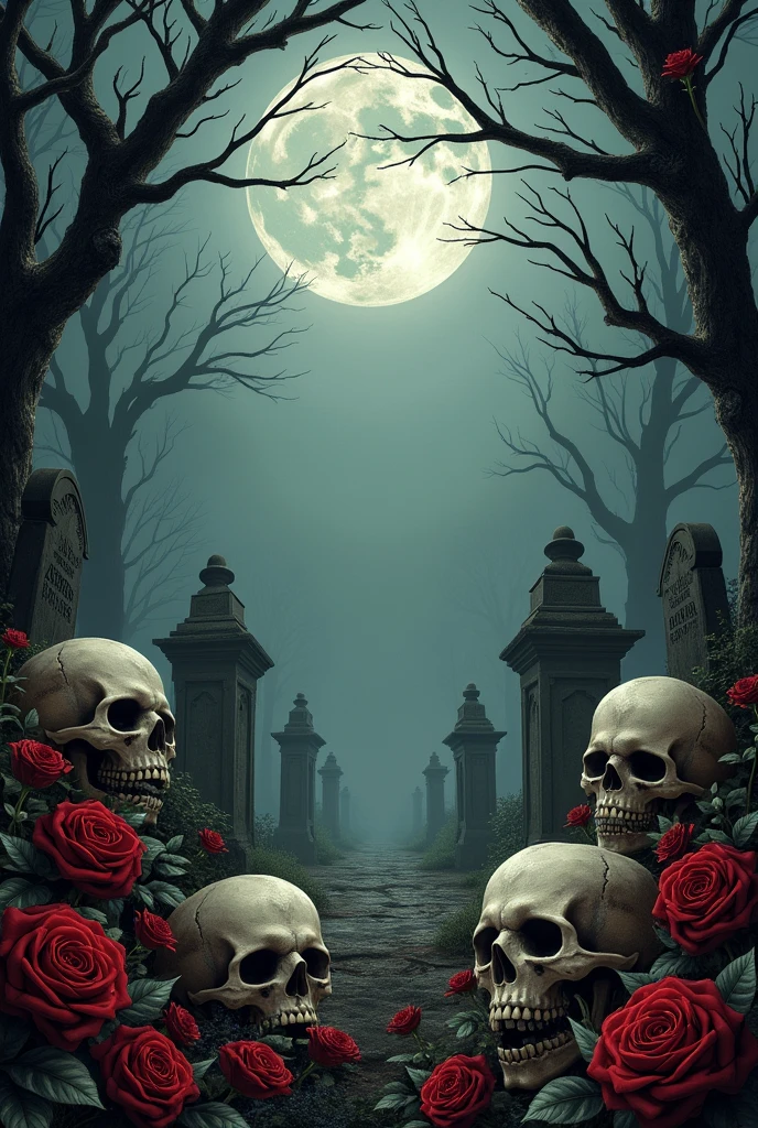 The background for a spooky invitation should be a cemetery with skulls and roses.