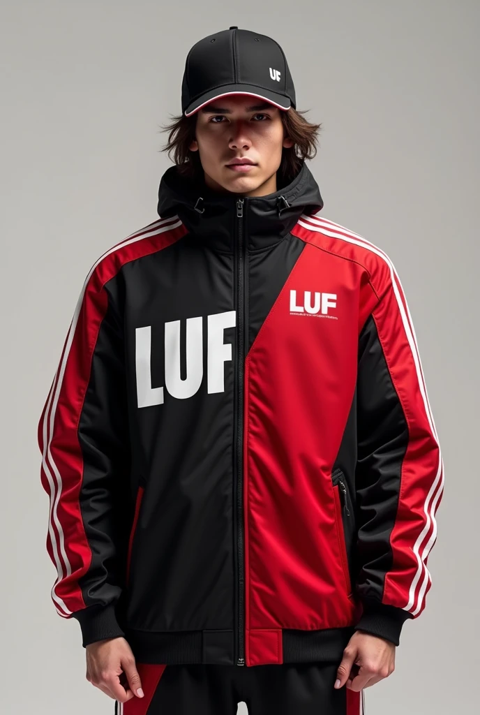 Black and red football jacket with white details and white lettering LUF