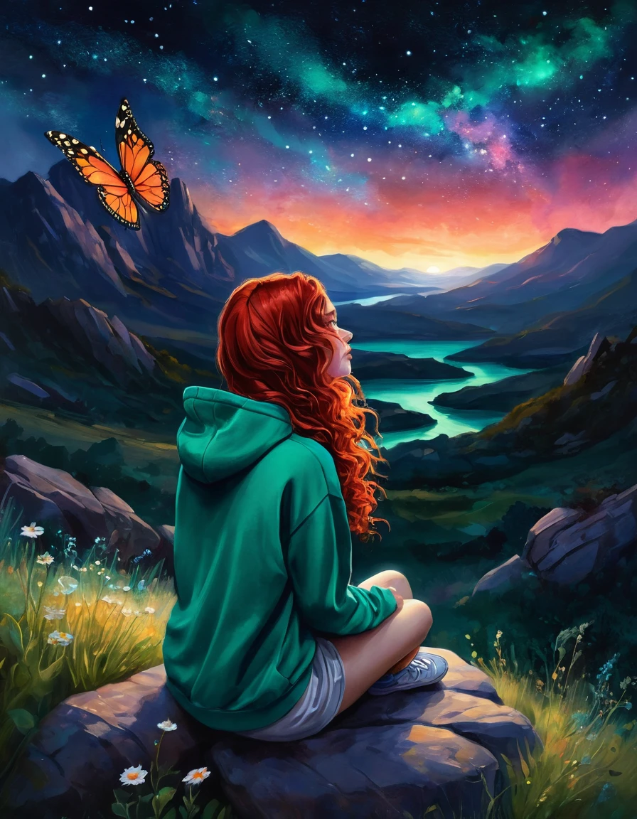 A young individual, possibly a girl, red long curly hair, sitting on a rocky terrain amidst a mountainous backdrop. He is gazing upwards, where a massive, surreal butterfly with glowing wings is soaring against a starry night sky. The butterfly's wings are illuminated with a fiery hue, contrasting with the cool tones of the night. The girl is dressed in a emerald hoodie and is surrounded by nature, with wildflowers and grasses at his feet., vibrant, painting, cinematic