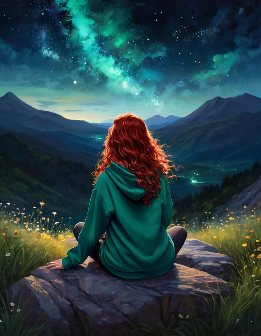 A young individual, possibly a girl, red long curly hair, sitting on a rocky terrain amidst a mountainous backdrop. He is gazing upwards, where a massive, surreal butterfly with glowing wings is soaring against a starry night sky. The butterfly's wings are illuminated with a fiery hue, contrasting with the cool tones of the night. The girl is dressed in a emerald hoodie and is surrounded by nature, with wildflowers and grasses at his feet., vibrant, painting, cinematic