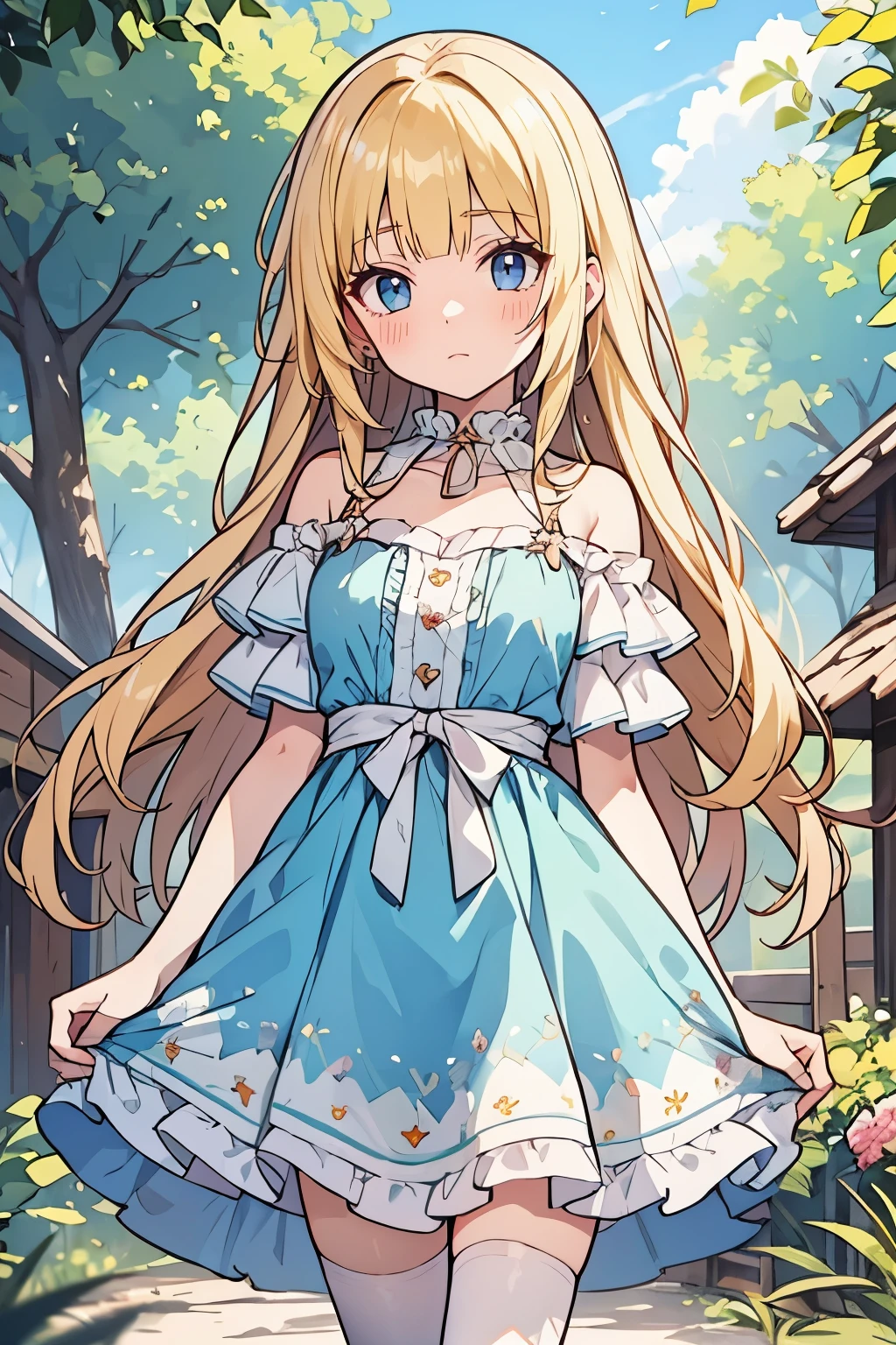 solo girl, (young female body:1.4), ( medium small breasts), cowboy shot, embarrassed expression, flustered, yellow extra long hair, voluminous wavy very long yellow hair, extra long blonde hair, hime cut, light blue detailed eyes, pink baby doll dress, ligh pink long dress, pink and blue summer dress,  off shoulder short sleeves, exposed collar bones, white tights, town background with a playground, trees and bushes and flowers