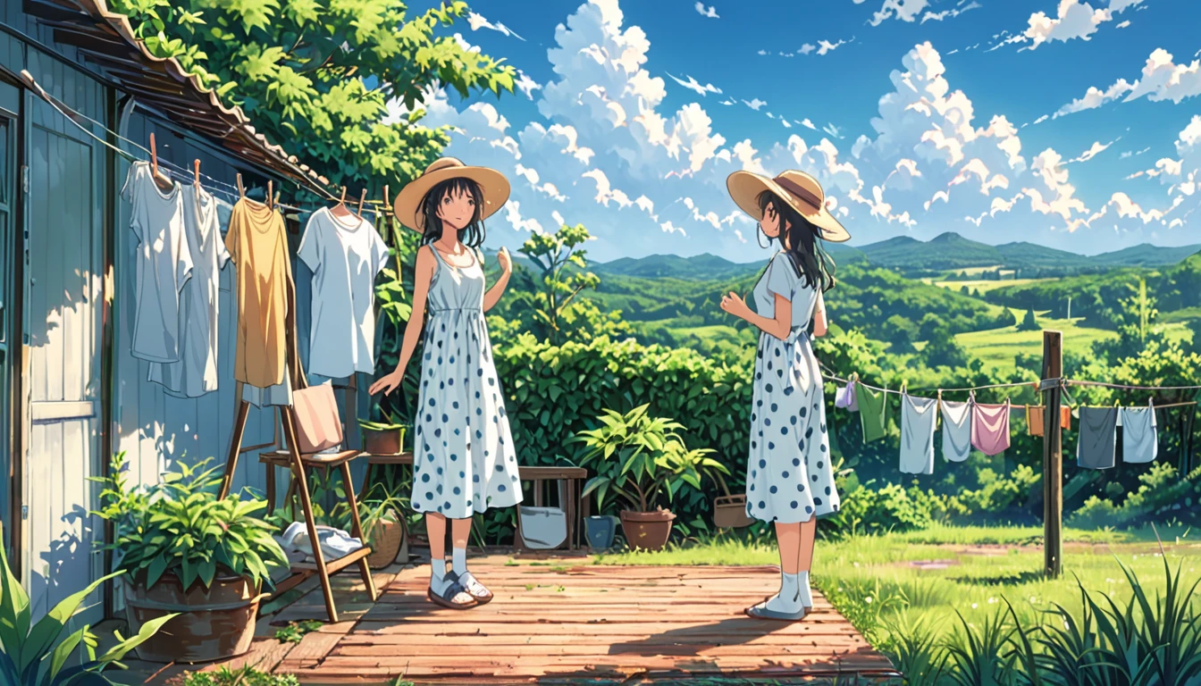 A peaceful summer scene in anime style, featuring a young woman in a sundress and wide-brimmed hat standing next to a clothesline. Clothes hanging to dry include a t-shirt, socks, and polka dot pants. Lush green foliage frames the scene, with a bright blue sky and fluffy white clouds in the background. The lighting is warm and soft, creating a relaxing atmosphere. High-quality, detailed artwork with vibrant colors.