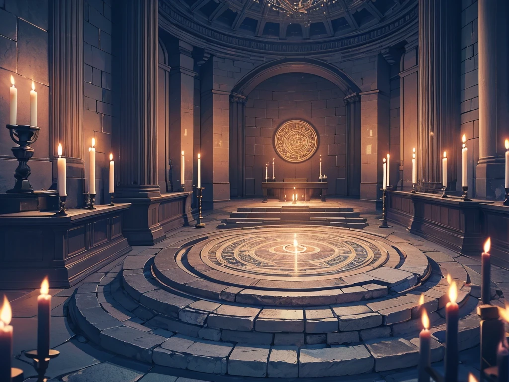 made of stone、Remains、ceremony、Candles on the wall、dark、A wide underground chamber with a central altar、magic circle、Glittering dust scattering