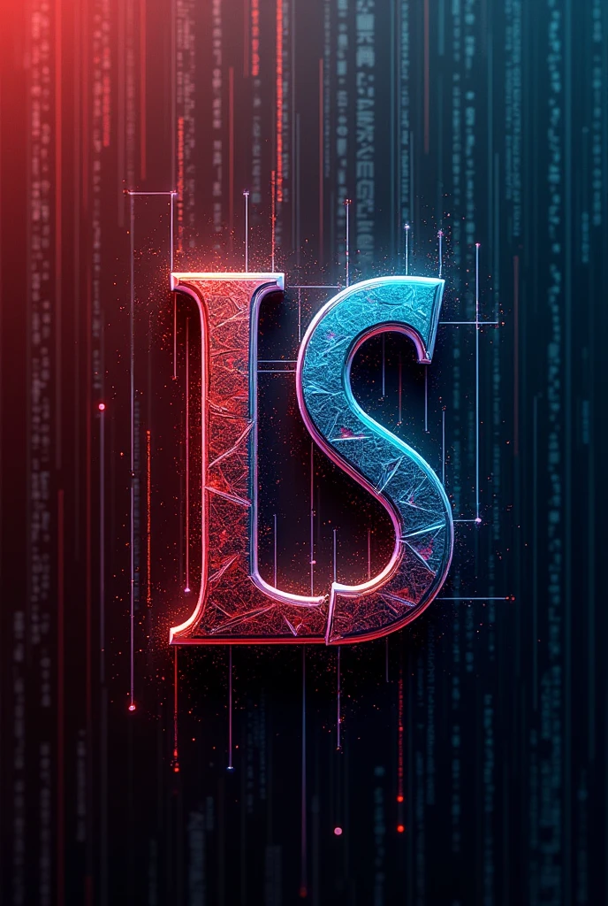 Take the letter L and the letter S, intertwine them, use a gradient color palette that varies between red, blue and black with a digital encryption theme background on a jatoba wood board