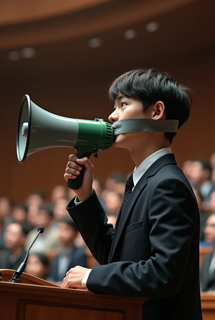 A student is giving a speech using a megaphone while his mouth is covered with duct tape.