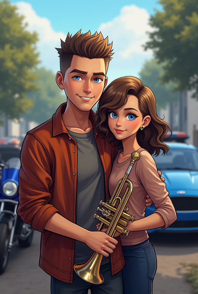 Short-haired man with light eyes, with a trumpet, a blue enduro motorcycle, a grey Ford Fiesta car and a daughter with wavy hair