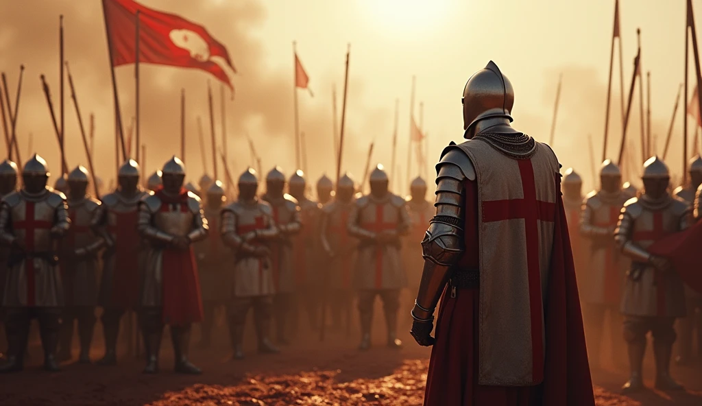 A highly realistic, high-contrast, 8K HD, detailed, hyper-detailed image of the Crusader knight from the provided image, standing proudly on the battlefield, rallying his comrades with words of encouragement and raising their spirits as they prepare for victory. The knight, clad in steel armor with a red cross on his tunic, stands at the forefront, his voice carrying over the chaos of the battlefield as he inspires those around him. His fellow knights, also in steel armor, look towards him with renewed determination and resolve, ready to fight on with all their strength. The battlefield is a scene of dust, blood, and clashing steel, but the focus is on the powerful bond and unity among the Crusaders as they prepare to push forward for victory. The dramatic lighting highlights the knight's commanding presence and the collective resolve of the group. The image is of the highest quality, with ultra-high resolution, RAW photo quality, and Unreal Engine rendering, capturing the heroic and uplifting moment as the Crusader knights gather their strength for the final push.