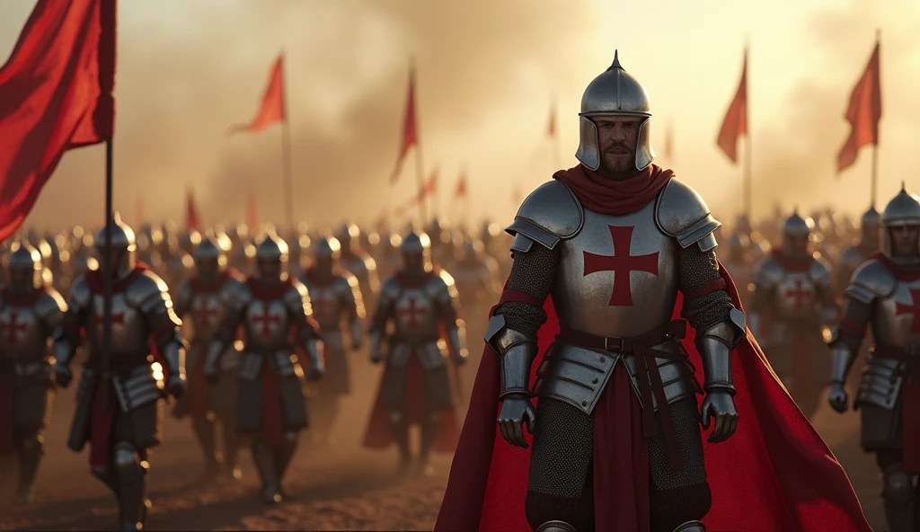 A highly realistic, high-contrast, 8K HD, detailed, hyper-detailed image of the Crusader knight from the provided image, standing proudly on the battlefield, rallying his comrades with words of encouragement and raising their spirits as they prepare for victory. The knight, clad in steel armor with a red cross on his tunic, stands at the forefront, his voice carrying over the chaos of the battlefield as he inspires those around him. His fellow knights, also in steel armor, look towards him with renewed determination and resolve, ready to fight on with all their strength. The battlefield is a scene of dust, blood, and clashing steel, but the focus is on the powerful bond and unity among the Crusaders as they prepare to push forward for victory. The dramatic lighting highlights the knight's commanding presence and the collective resolve of the group. The image is of the highest quality, with ultra-high resolution, RAW photo quality, and Unreal Engine rendering, capturing the heroic and uplifting moment as the Crusader knights gather their strength for the final push.