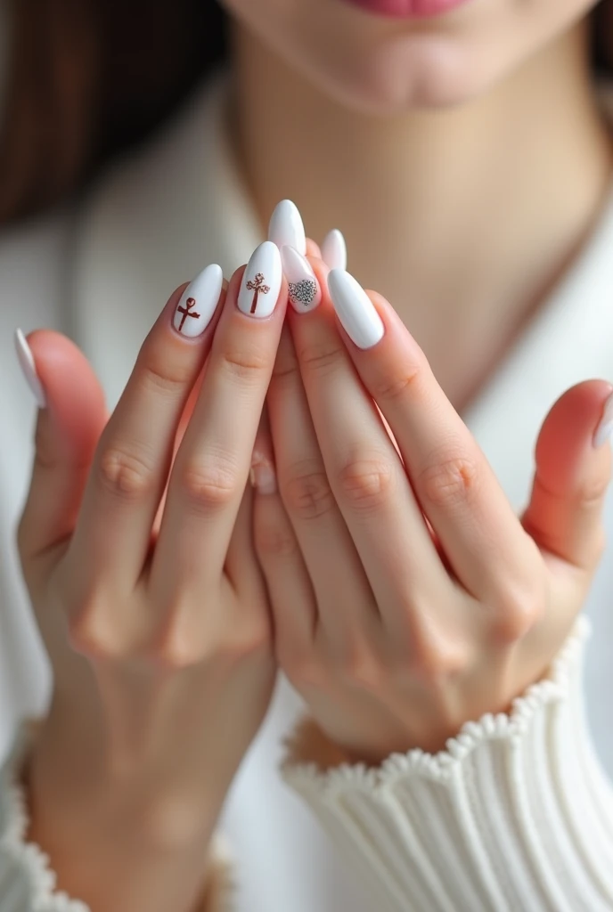 women's fingernails. 2cm Long. Beautifully painted white. A Chrisgen cross is painted on the ring finger and a small Christian cross on the little finger which is unframed by a heart.