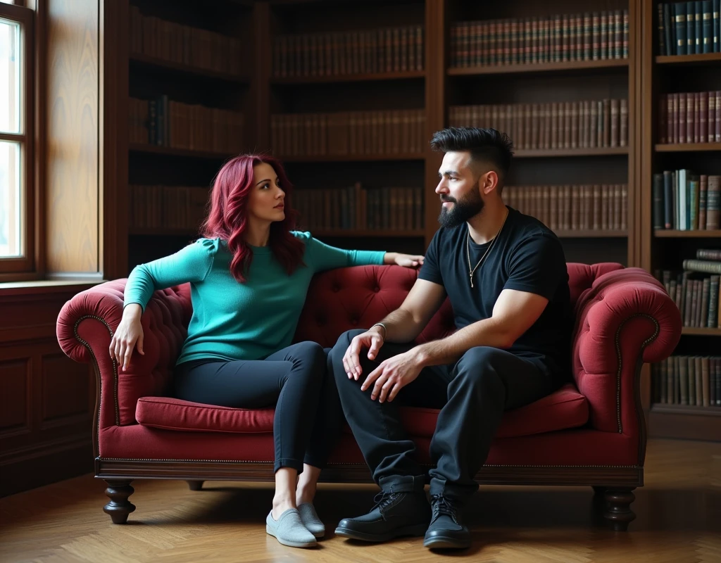 170 cm tall, 24-year-old woman with very pale skin, vibrant maroon wavy medium-length layered hair, parted to the side, fit figure, long turquoise top, black pants and grey flats with a tentative expression sits next to a very tall 209 cm tall, 29-year-old muscular attractive man with black short layered swept back wavy crew cut hair, short black facial hair, shirtless, Mediterranean-Native American features, black t-shirt and black cargo pants kind smile expression, sitting on the other side of chaise lounge nestled underneath a window inside a huge empty dark wood library. Photorealistic, cinematic.