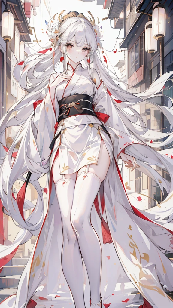 (best quality, High resolution, Super detailed:1.2), beautiful long white hair, Stunning golden eyes, Beautifully designed white folding fan, Bailongjiao, elegant lights, pastel color palette,White Hanfu,white stockings