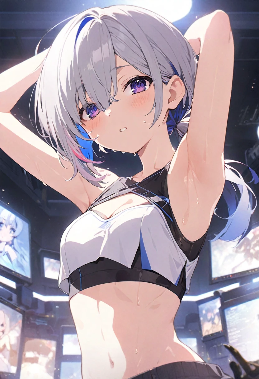 Absurd, Masterpiece, Best Quality, (Super Detailed), (Nice Hands, Perfect Hands), Ideal Proportions of the Body, BREAK (Vector Outline, Flat Color: 1.3), ((1girl)), Solo , core_9, score_8_up, score_7_up, source_anime, masterpiece, highest quality, 1 girl, (loli: 1.3), cute girl, 7 years old, (young: 1.8), fine blue eyes, (eye highlights), silver medium Bob hair: 1.2), big breasts, long hair, pants pulled up, panties, bra, lace, light smile, streaks, cinematic lighting, cinematic shadows, from below, dynamic angle,
