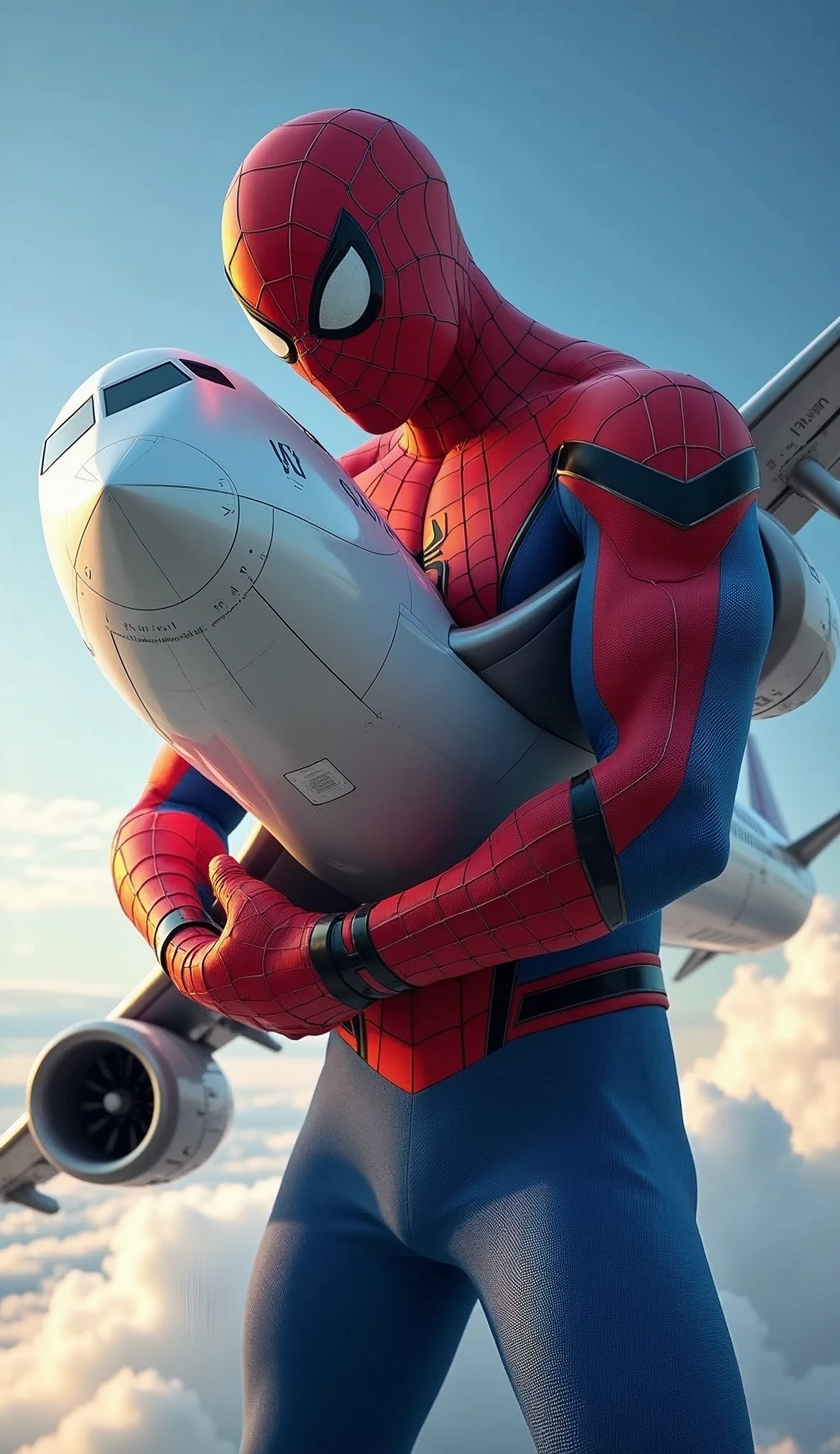 Giant Spiderman with his mask on hug Airplane on the sky
