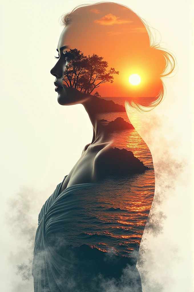 high quality, 8K Ultra HD, A beautiful double exposure that combines an goddess silhouette with sunset coast, sunset coast should serve as the underlying backdrop, with its details incorporated into the goddess , crisp lines, The background is monochrome, sharp focus, double exposure, by yukisakura, awesome full color,