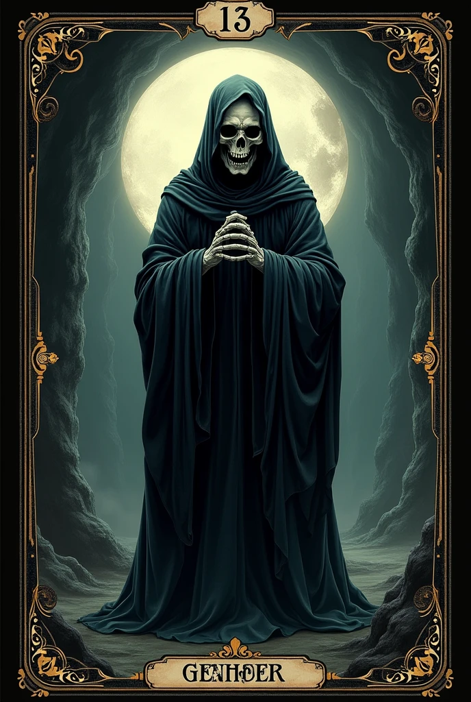 Crias playing card de tarot, skullish, dark, souls, playing card, number 13, grim reaper, skullish,cavern