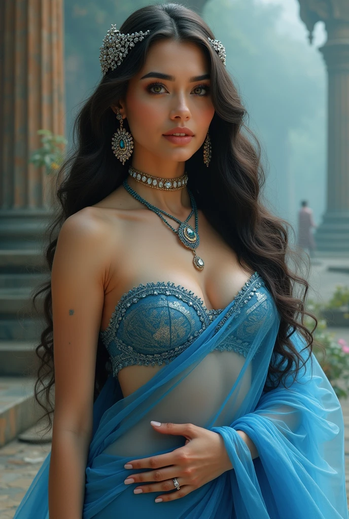 ultra hd, masterpiece, best quality, a beautiful girl, long hair, impressive hairstyle, royal hair jewelry, jewellery earrings, antique jewellery meticulous makeup, thin eyebrows, beautiful lips, big breasts transparent saree blue dress, realistic colors, magic effect, epic scenery, epicness background, perfect body Ripped tube top:1.3)Delicate skin, Extremely detailed 