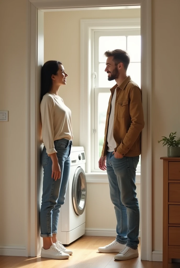 A happy married couple looking at a space in their apartment laundry area but removing the washing machines.