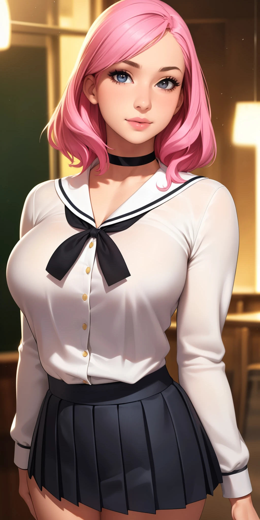 (best quality, ultra-detailed, photorealistic: 1.39), bright and vibrant colors, studio lighting, romantic expression, An effeminate girl, with a delicate and beautiful face. has a thin body, but well designed, your skin is white and very pale. her hair is pink, likes to wear makeup, ((Wear a black choker)), outfit emocore, schoolgirl long sleeve blouse, schoolgirl pleated skirt