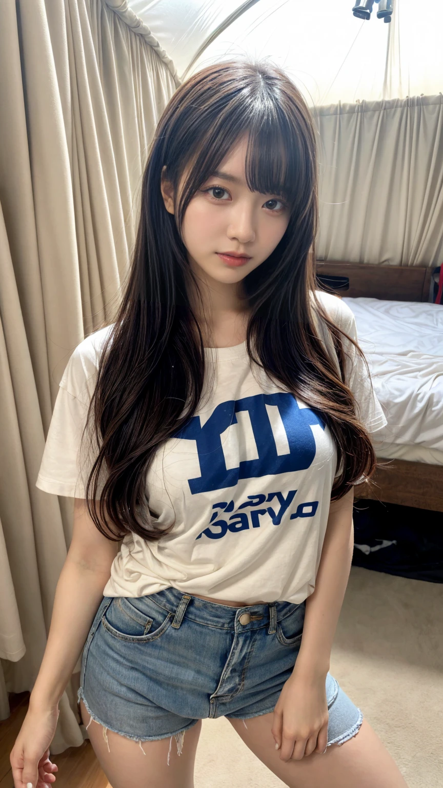 (Details High quality, realistic depiction of eyes:1.3), Tattered clothes, (The collapsed room), (Inside the barrack tent), (wearing a tattered and dirty t-shirt.:1.1), Wearing baggy pants, dirty body, (Messy long hair), black hair color, Big Natural Color Lip,  crying a little、Harajuku style、20 year old girl、cute type、lolita, Gravure Idol, full body photo、focus on crotch, huge breasts