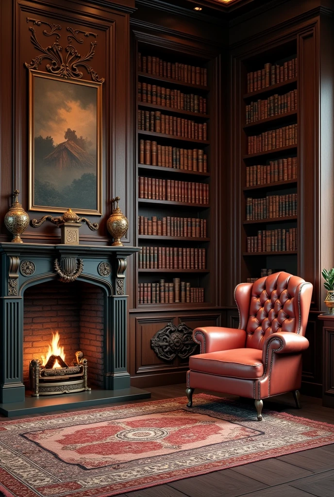 a cozy vintage library interior, old books on wooden bookshelves, antique armchair, warm lighting, atmospheric, intricate wood paneling, ornate fireplace, persian rug, soft lighting, intricate details, cinematic angle, (best quality,4k,8k,highres,masterpiece:1.2),ultra-detailed,(realistic,photorealistic,photo-realistic:1.37),HDR,UHD,studio lighting,ultra-fine painting,sharp focus,physically-based rendering,extreme detail description,professional,vivid colors,bokeh