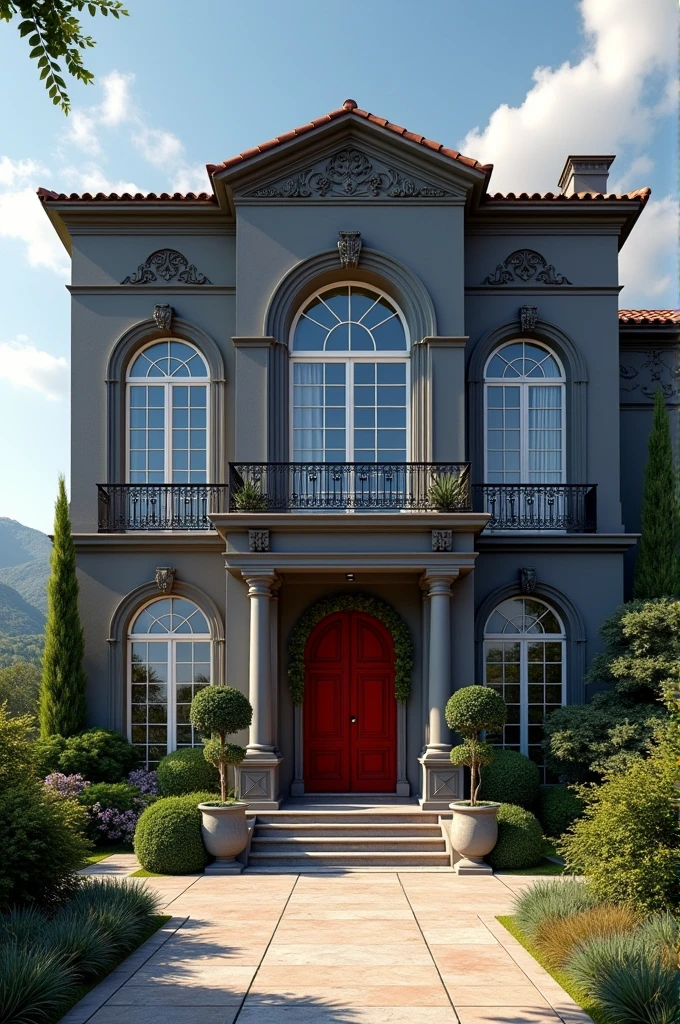 big house, broad concept, with large windows, Mediterranean style exterior, with red entrance door,  dark gray exterior, white interior.