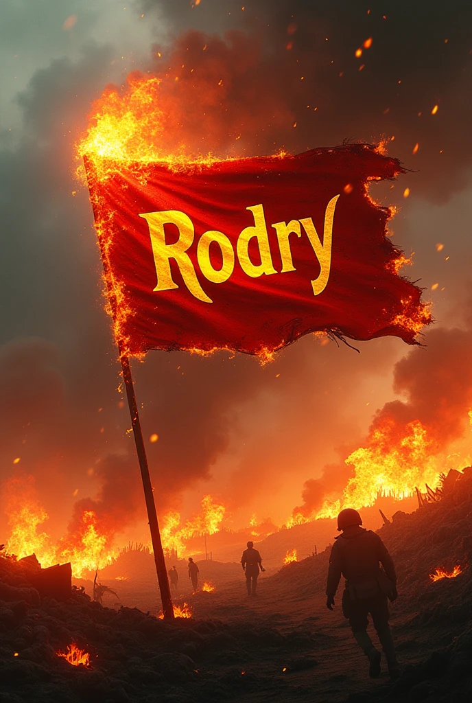 The word Rodry on a flag burning over a battlefield
In YouTube format
