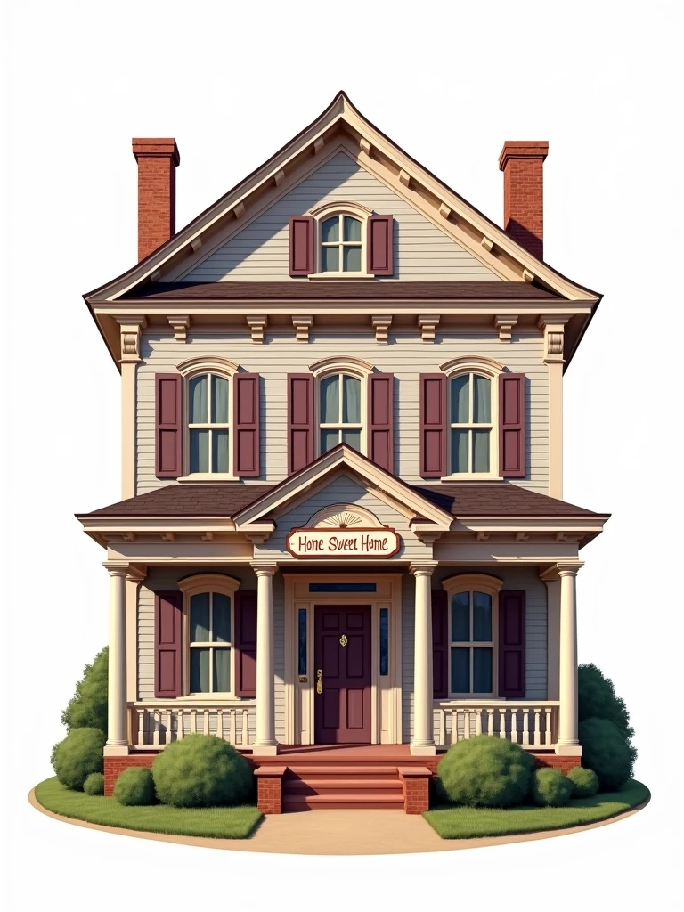 Create a logo with a classic colonial architecture style. In the center, feature a lilac and brown house with a sign that reads 'Home Sweet Home'. The design should be highly detailed and reflect traditional colonial architecture. Use a plain white background with no additional elements, and ensure the house is perfectly cut out for use as a product label, conveying a 'colonial architecture' vibe."