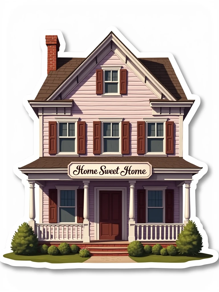 Create a logo with a classic colonial architecture style. In the center, feature a lilac and brown house with a sign that reads 'Home Sweet Home'. The design should be highly detailed and reflect traditional colonial architecture. Use a plain white background with no additional elements, and ensure the house is perfectly cut out for use as a product label, conveying a 'colonial architecture' vibe."