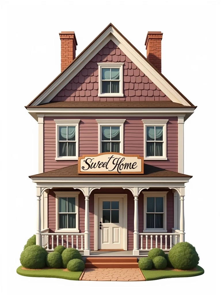 Create a logo with a classic colonial architecture style. In the center, feature a lilac and brown house with a sign that reads 'Home Sweet Home'. The design should be highly detailed and reflect traditional colonial architecture. Use a plain white background with no additional elements, and ensure the house is perfectly cut out for use as a product label, conveying a 'colonial architecture' vibe."