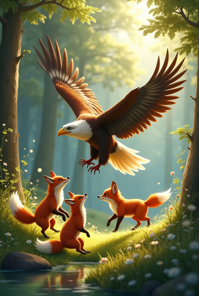 Fox and cubs are playing with eagle in the forest