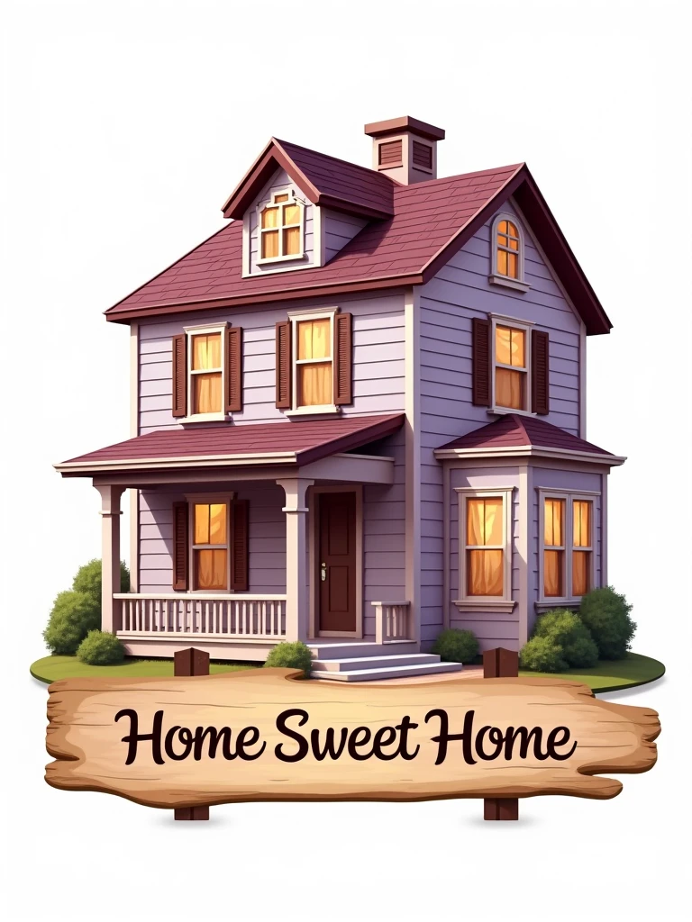 "Design a logo with a classic style. Center a house that is lilac and brown, with a sign reading 'Home Sweet Home'. The house should be intricately detailed and have a traditional appearance. The background should be plain white, with no additional elements other than the house itself. Ensure the house is perfectly cut out for use as a label on sweet products, conveying a 'classic home' vibe."