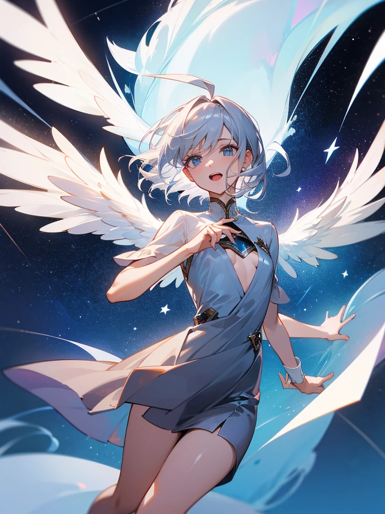 One person, Open your mouth, Shortcuts, Angel,whole body,accurate, Silver Hair, chest, Stars in the Sky, through,Character portrait, Feet in the frame,