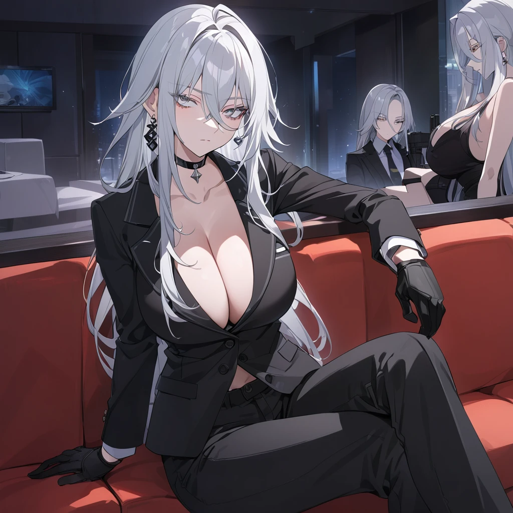 sovetsky_Soyuz, grey hair, long hair, earrings, choker, black shirt, black suit, black pants, black gloves, Cleavage, large breasts, first rate breasts, grey eyes, sharp eyes, Long eyelashes, symmetrical eyes, eye shadow, ominous vibe, expressionless, stoic, relaxing, anime, aesthetic, Anime screenshot, Ultra quality, UHD, high detail. Reception, hotel, night time,sofa, sitting, gun, pistol