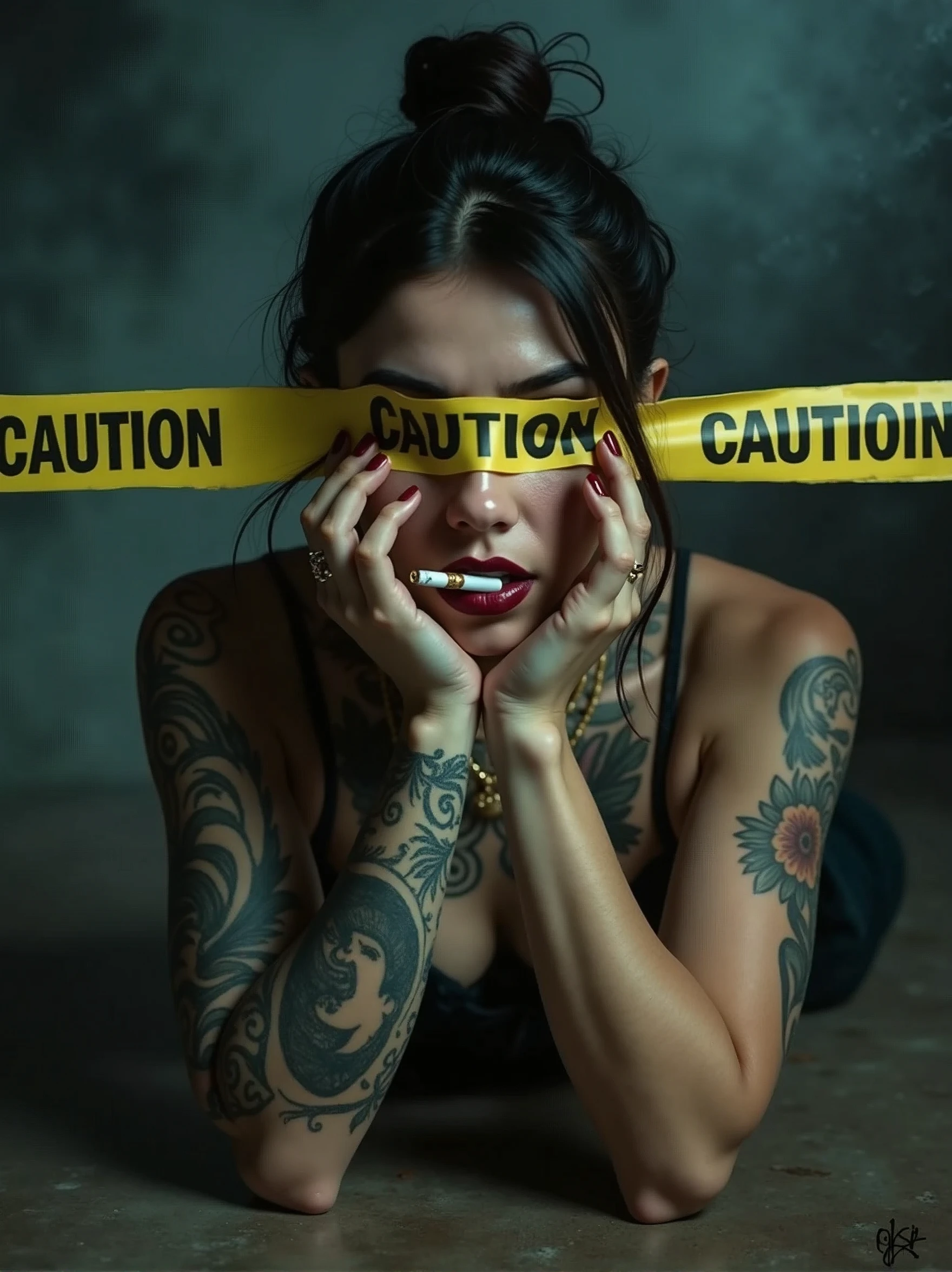 Dramatic and edgy portrait photograph featuring a woman with a serious expression lying on the floor. She has light skin and dark hair, with intricate tattoos covering her neck, chest, and parts of her face. Her facial features are sharp, with high cheekbones and full lips. She is holding a cigarette on her fingers to her lips, and her nails are painted dark red. A yellow caution tape with the word 'CAUTION' in bold black letters repeatedly printed on it is placed horizontally across her eyes covering them, adding a sense of mystery and danger to the image. The background is smoky, keeping the focus on the subject.