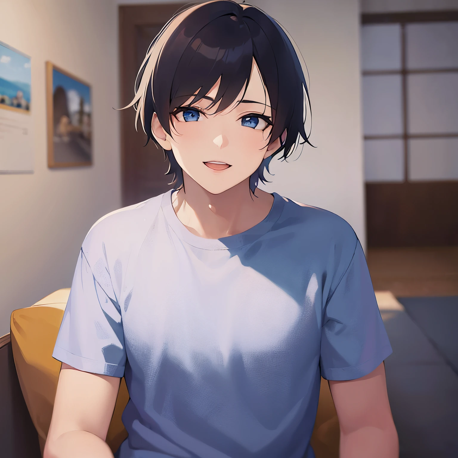(looking at viewer:1.5)Upper Body, 
shiny skin, masterpiece、Highest quality、
(25-year-old male:1.5) and (Black short hair) and (blue eyes), 
（T shirts）,
smile,open mouth,The background is the living room