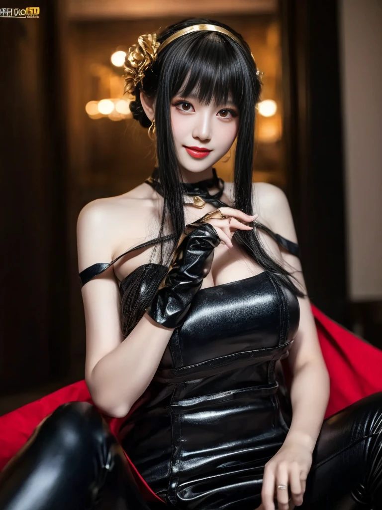 (Highest quality, 4K, masterpiece :1.3), Beautiful woman, Surreal, 1 person,),Ajolf, Side Lock,Short hair and long straight hair, Gold Hair Band, Gold earrings, Gold Hair Ornament, Big Breasts, Exposing shoulders, Black Dress, Double-sided dress with red rose cape, choker, Thigh-high boots, , Fingerless gloves, Thigh-high boots,Slender beauty, (Huge breasts, Attractive body :1.2), Abdominal exercises :1.1, Long black hair 1.1, Highly detailed face, Lip details, Beautiful Eyes, double eyelid, Sexy low neck dress, Open neckline, Twisting waist pose, Visible curves,Muscular, Bent legs, Yugal, masterpiece, Highest quality, High resolution, aaYugalf,Cowboy Shot, Are standing, Looking at the audience, Outdoor, night, (Perfect Anatomy:1.Big Ass, jewelry, Off the shoulder, Black Pantyhose, Cute Smile, Beautiful and bright lighting, Beautiful breasts,Place your hands behind your back,