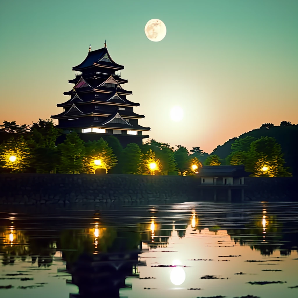 Good night Japanese summer midnight, Japanese castle, moon light, quiet time, calm mind, peaceful time flows,((highest quality, 8K, masterpiece: 1.3)),