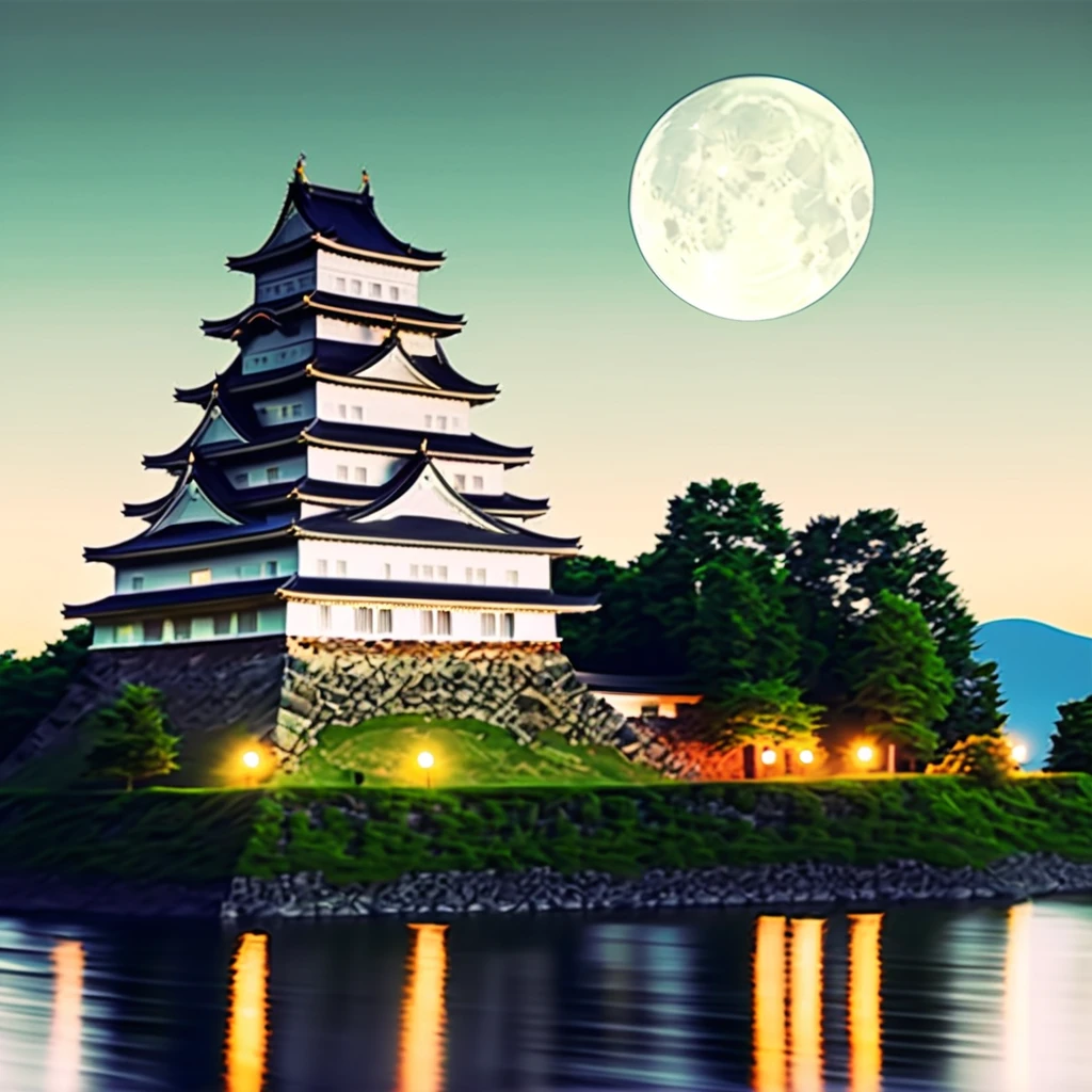 Good night Japanese summer midnight, Japanese castle, moon light, quiet time, calm mind, peaceful time flows,((highest quality, 8K, masterpiece: 1.3)),