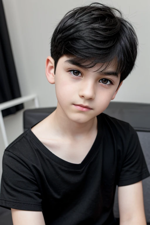 A Black Haired 13 Year old boy dressed in black with gray eyes, short hair, and pale white skin