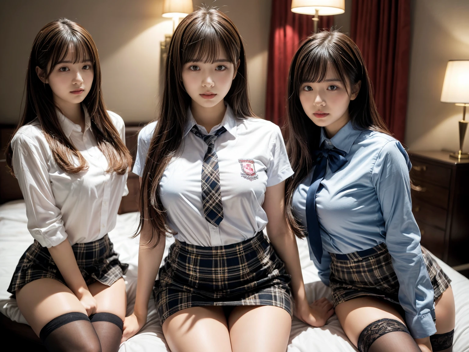 masterpiece, best quality, illustration, Super detailed, fine details, High resolution, 8K,wall paper, perfect dynamic composition,(Details High quality, realistic depiction of eyes:1.3), (3 girls), (white school shirt :1.2), (plaid skirt :1.3), tie black, black thigh-high stockings, sitting, open legs, short bob hair, in a hotel room in the background, deep on field, large breasts, black hair color, Big Natural Color Lip, (perfect body shape), crying a little、Harajuku style、20 year old girl、cute type、beautiful legs, Gravure Idol