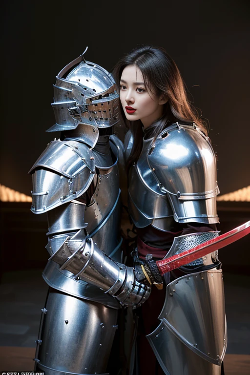 Urzan-6500-v1.1, (RAW Photos:1.2), (Realistic:1.4), Beautiful details, Very detailed eyes and face, Beautiful details, Ridiculous, incredibly Ridiculous, Large file size, Very detailed, High resolution, Very detailed, (Apply dark red lipstick to your lips:1.2), Highest quality, masterpiece, Daytime, Kemomimi, ((Beautiful Japanese Women)), (Knight in armor:1.4), shape, Very detailed, CG, Unified, 8k wallpaper, wonderful, (Fighting with his sword against the armored knight enemy:1.4), (Sword to sword), Finer details, masterpiece, Highest quality, Very detailed 8k wallpaper, Light on the face, Cinema Lighting, ((Two female knights in armor:1.5)), (On the battlefields of medieval Europe:1.3), (It's spring:1.2), ((Gripping the blade of his weapon:1.8)), (Raising the sword of his weapon:1.5), 24-years-old,(Open Stance:1.2), (Ample breasts:1.4)、(Big Ass:1.4)、(Accentuate your cleavage:1.2), Accentuate your cleavage鎧を身に着けている, (Glamorous:1.3), (Muscular body:1.4), (Tight waist:1.3), (from the front:1.4), Long Hair, Slightly brown hair color, (I'm looking forward to), (Don'Don'Don'Don'Don'Don'Don'Don't look at the camera:1.4), Serious expression, (cameltoe:1.2), Upper body from the knee up