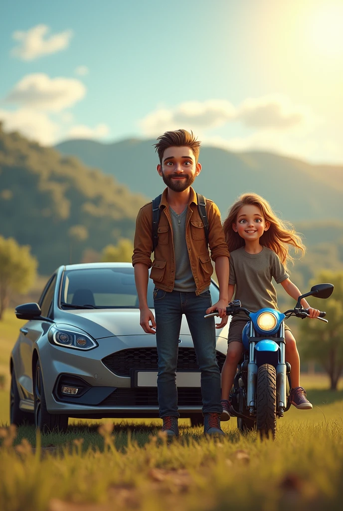 A man with short hair and light eyes, a blue enduro motorcycle, a gray Ford Fiesta car, and a daughter with wavy hair.