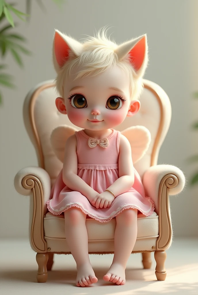 Famale baby setting on chair female baby look front female baby ear like cats famale baby frock colour pink