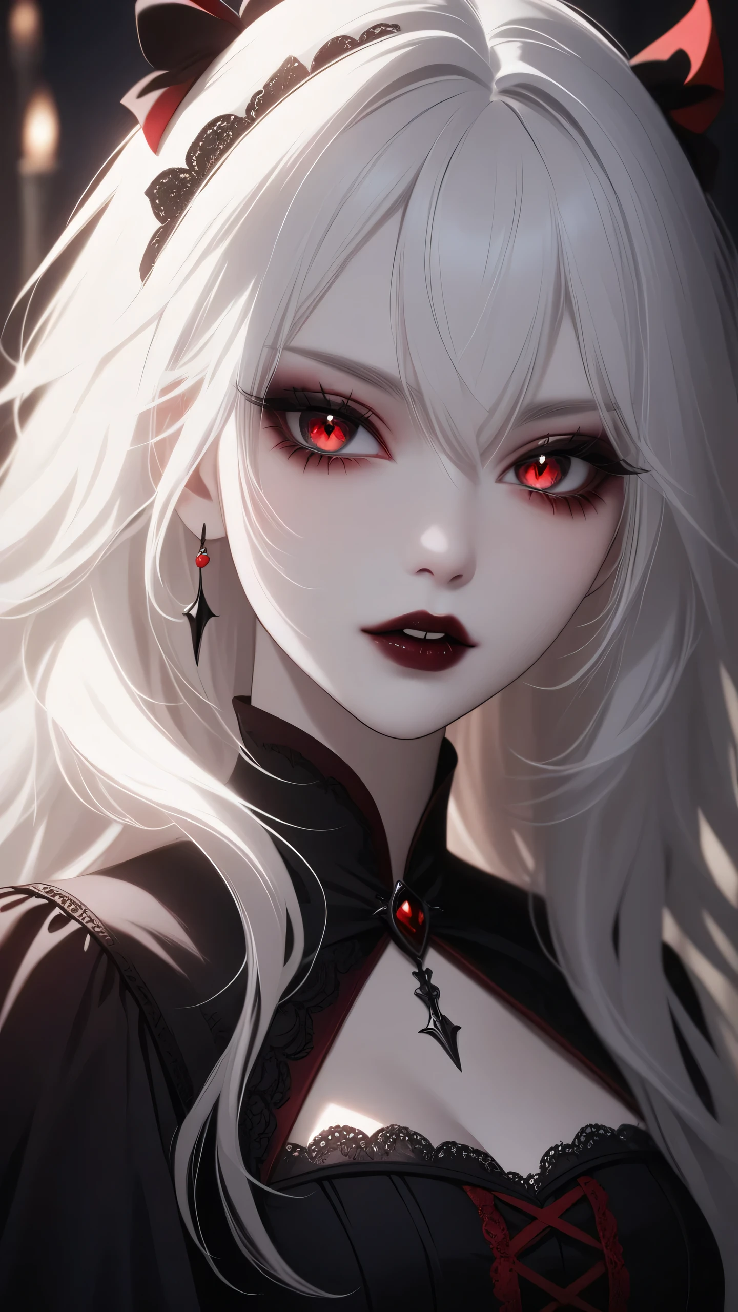 chibi vampire girl, white hair, red eyes, beautiful detailed eyes, beautiful detailed lips, extremely detailed face and features, long eyelashes, pale skin, fangs, dark gothic dress, dramatic lighting, moody atmosphere, cinematic composition, dramatic shadows, muted color palette, dark and mysterious, 