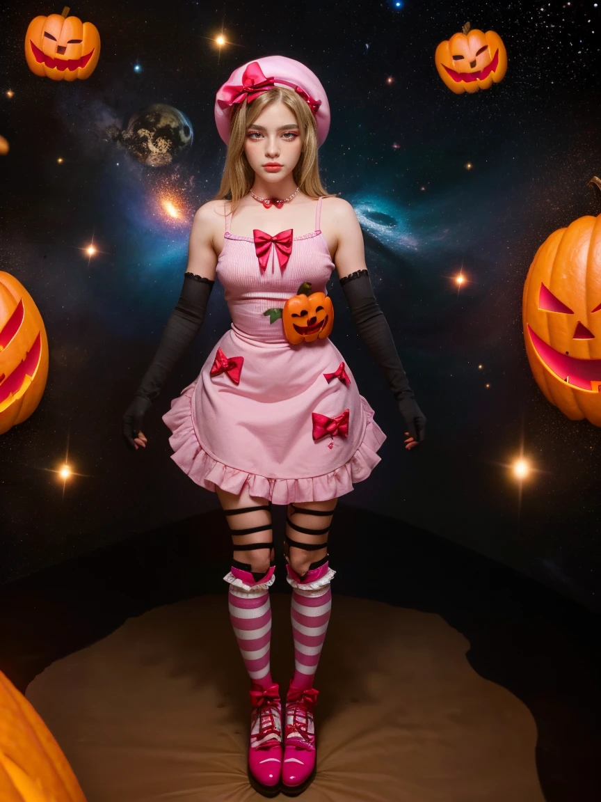 (1 lady), The beautiful, (Best quality at best:1.4), (ultra - detailed), (extremely detailed CG unified 16k), gold blonde hair, very detailed, High-definition RAW color photo, professional photoshooting, amazing face and eyes, cosmetics, (amazingly beautiful girl), ((lambdadelta, taller, tall woman, NOT Dasha Taran)), ((dress, shoes bow, red shoes, striped stockings, red bow, pink hat, necklace, gloves, pearl, pumpkin brooch, pink dress)), levitating in a cute posture (floating in the air), (She's levitating in a cosmic sea, outer space:1.3, quantum hyperspace room lacking walls, hyperspace chamber, extremely detailed background, a lot of details background, realistic background), (look from above), realistic cinematic face, head to feet long wide zoomed out view, full body long view, photorealistic, ((realistic natural blonde hair style, red eyes)), gorgeous, extremely beautiful face, perfect model beauty, pout mouth, Highly Detailed Face and Skin Texture, Detailed Eyes, Double Eyelids, Big Breasts, Persistent Stare, Faith Trance, (mystical stare, looking eternity), (masterpiece), best quality, high resolution, depth of field, cinematic lighting, amazing legs, pink combat boots, clear and well-cared skin