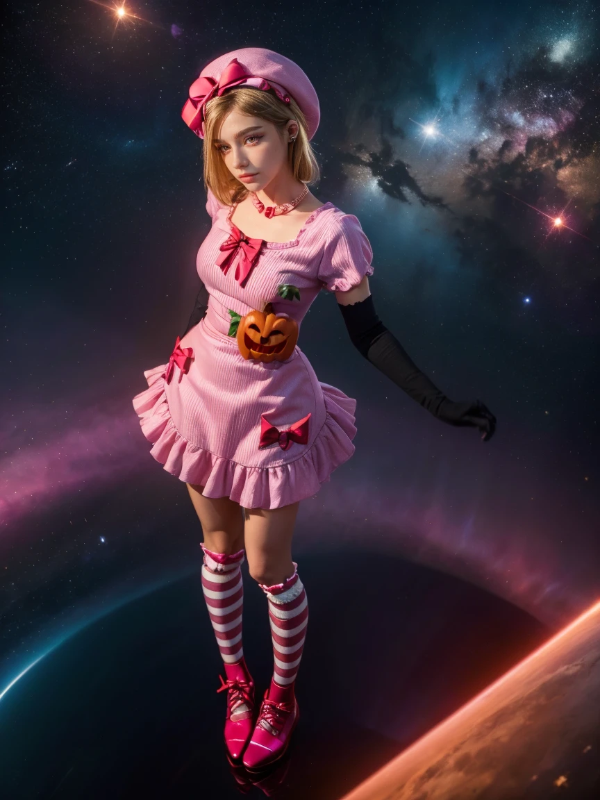 (1 lady), The beautiful, (Best quality at best:1.4), (ultra - detailed), (extremely detailed CG unified 16k), gold blonde hair, very detailed, High-definition RAW color photo, professional photoshooting, amazing face and eyes, cosmetics, (amazingly beautiful girl), ((lambdadelta, taller, tall woman, NOT Dasha Taran)), ((dress, shoes bow, red shoes, striped stockings, red bow, pink hat, necklace, gloves, pearl, pumpkin brooch, pink dress)), levitating in a cute posture (floating in the air), (She's levitating in a cosmic sea, outer space:1.3, quantum hyperspace room lacking walls, hyperspace chamber, extremely detailed background, a lot of details background, realistic background), (look from above), realistic cinematic face, head to feet long wide zoomed out view, full body long view, photorealistic, ((realistic natural blonde hair style, red eyes)), gorgeous, extremely beautiful face, perfect model beauty, pout mouth, Highly Detailed Face and Skin Texture, Detailed Eyes, Double Eyelids, Big Breasts, Persistent Stare, Faith Trance, (mystical stare, looking eternity), (masterpiece), best quality, high resolution, depth of field, cinematic lighting, amazing legs, pink combat boots, clear and well-cared skin