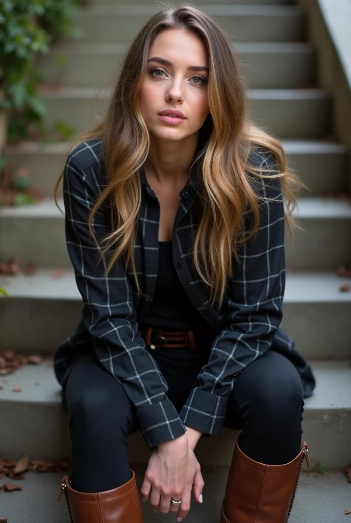 A full body picture of Sydney Sweeney, she has straight hair that come out from the side parting on one side only with slight makeup, she looks straight at the camera with brown eyes, taken as an Instagram picture, she wears dark leggings with long brown boots with a dark checkered shirt sitting on stairs outdoor