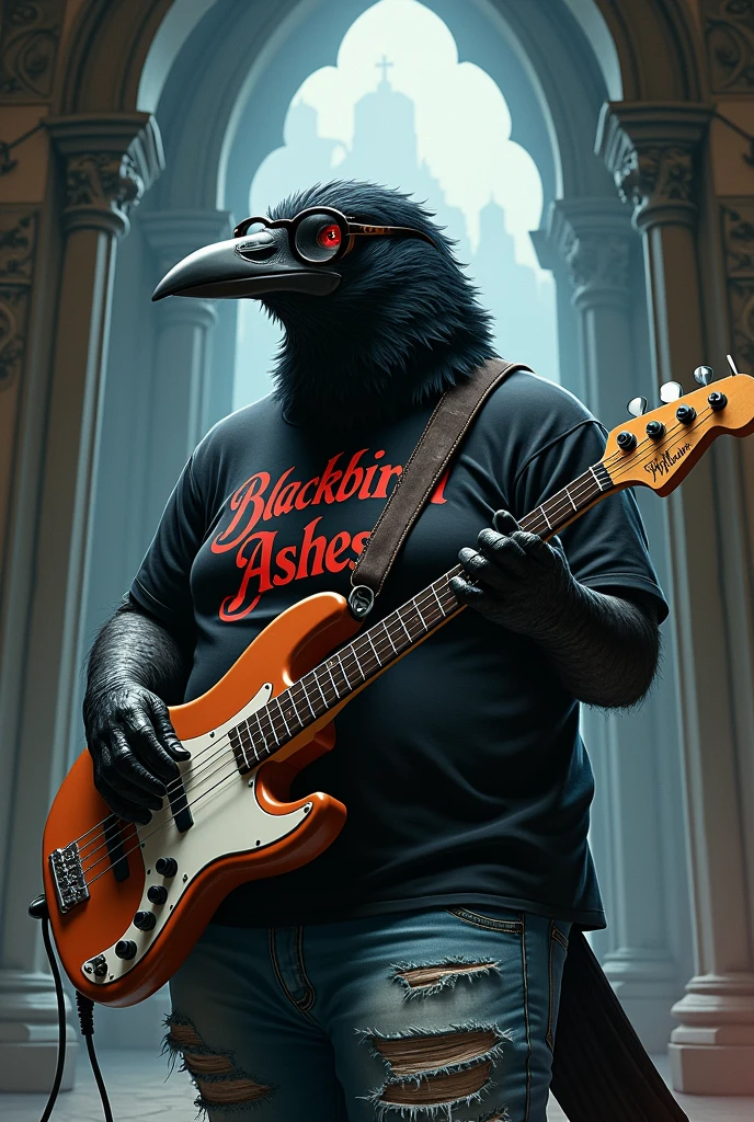Fat crow,with glasses ,dressed in ripped jeans and a black t-shirt that says "Blackbird Ashes". playing bass. In a castle where Dracula's shadow can be seen battling a vampire hunter